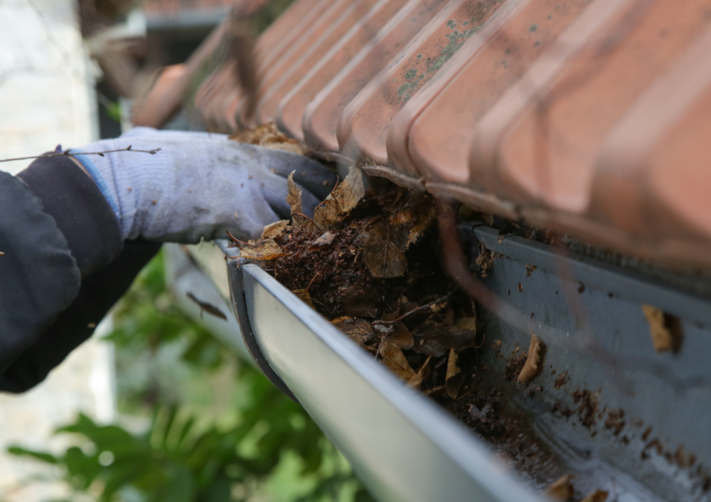 Worker getting all the leaves that causes the gutter to clogged for roof and gutter maintenance